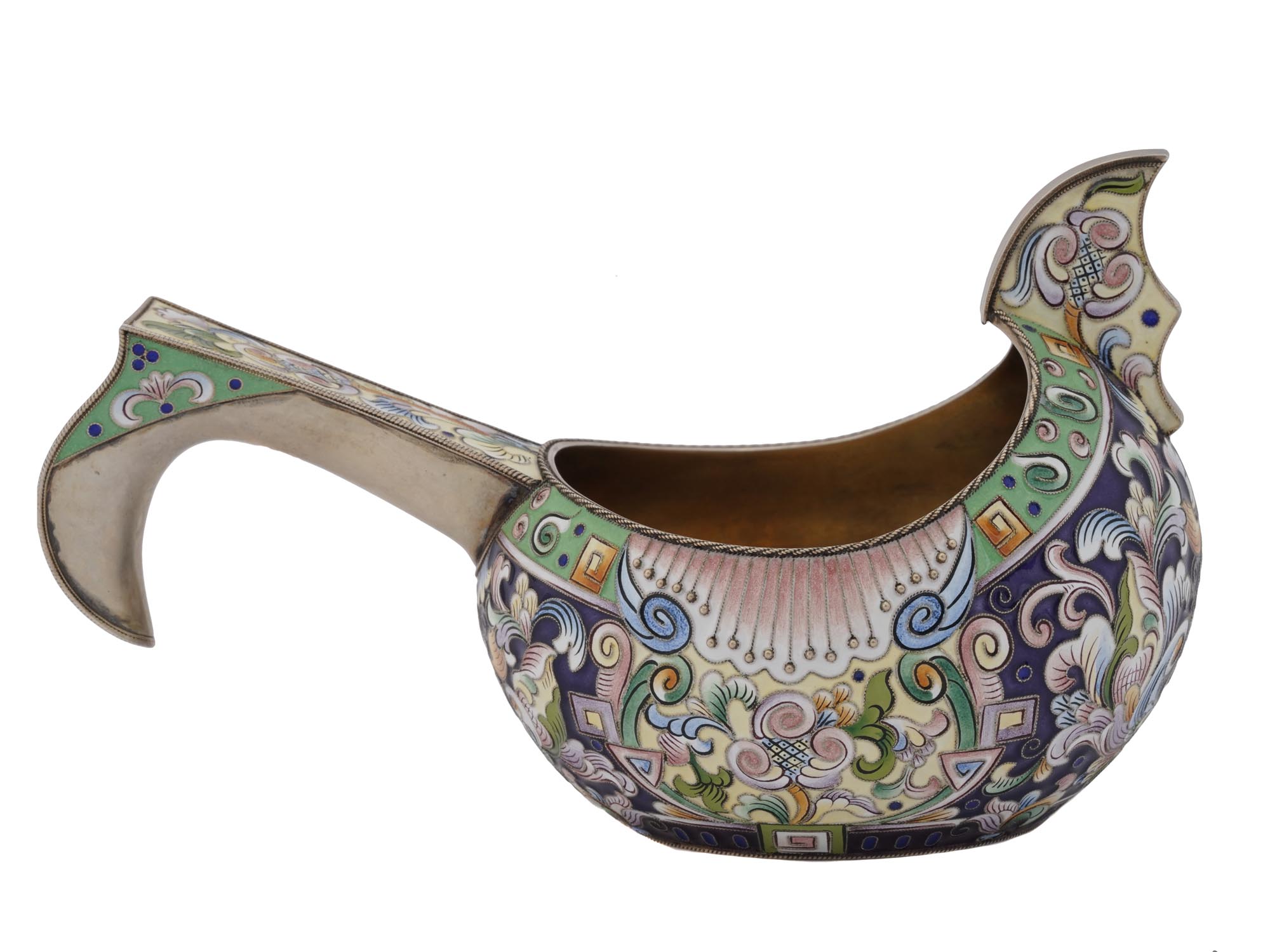 LARGE RUSSIAN SILVER CLOISONNE ENAMEL KOVSH LADLE PIC-3